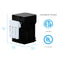 The 3-Stage Stainless Steel Bottleless Countertop Water Dispenser - 300 Series features a sleek black system housing three white filter cartridges. Measuring 19.3 inches high, 12.5 inches wide, and 18.3 inches deep—with blue measurement lines highlighting these dimensions—this unit provides advanced 3-stage filtration for superior water purity. ETL and UL certification logos are displayed on the right side of the dispenser.