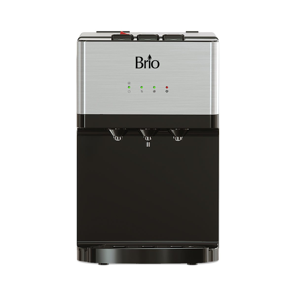 Front view of the Bottleless Countertop Water Dispenser - Model 520 with three spouts and indicator lights on a stainless steel panel, featuring sturdy stainless steel reservoirs. This countertop dispenser is designed to provide hot, cold, and room temperature water.
