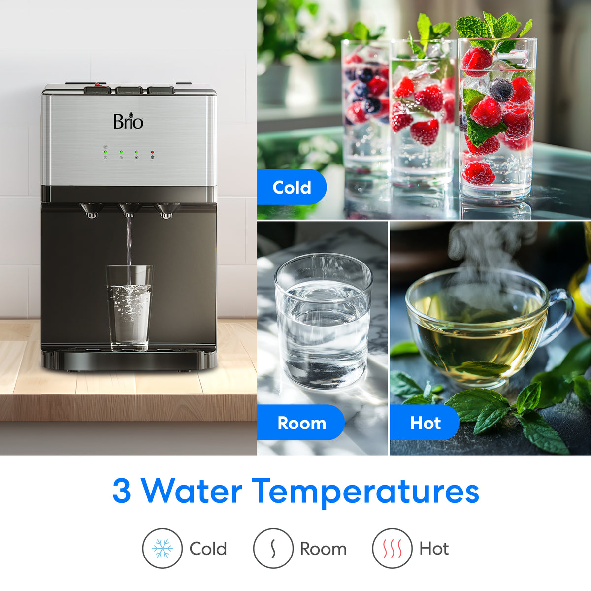 A Bottleless Countertop Water Dispenser - Model 520 is displayed with a glass being filled. Beside it are images labeled Cold, Room, and Hot for cold fruit water, room-temperature water, and hot tea. Text below reads “3 Water Temperatures.” This unit features stainless steel reservoirs for lasting freshness—making it the perfect countertop solution for your hot and cold water needs.