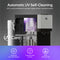 Introducing the Bottleless Countertop Water Dispenser - Model 520: This advanced dispenser features a built-in UV light system with automatic UV self-cleaning, delivering superior hygiene and peace of mind. Its durable stainless steel reservoirs provide both hot and cold water, eradicating bio-contaminants for improved taste and ensuring 100% clean water—clearly represented by the icons below.
