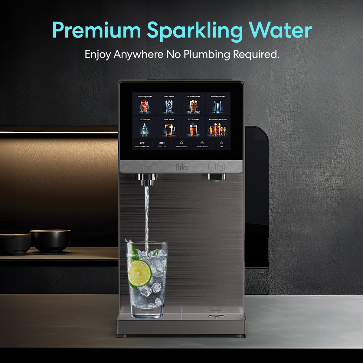 A sleek Reverse Osmosis Sparkling Countertop Water Dispenser – Q60 with advanced 4-stage filtration fills a glass with ice, water, and lime. A digital display presents drink options. Text reads: Premium Sparkling Water. Enjoy Anywhere—No Plumbing Required.