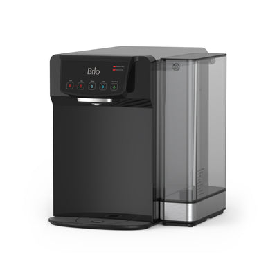 The Brio 630 2-Stage Sparkling Countertop Water Dispenser features a sleek black and silver design with a refillable 5L tank.
