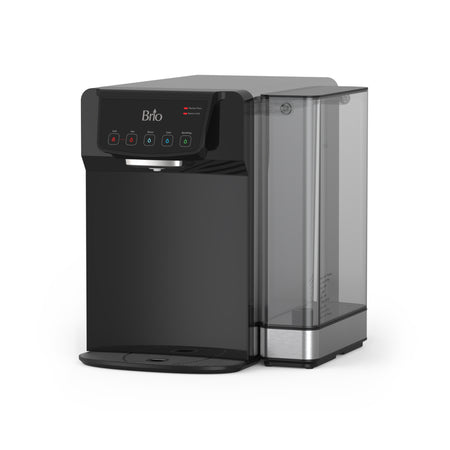 The Brio 630 2-Stage Sparkling Countertop Water Dispenser features a sleek black and silver design with a refillable 5L tank.