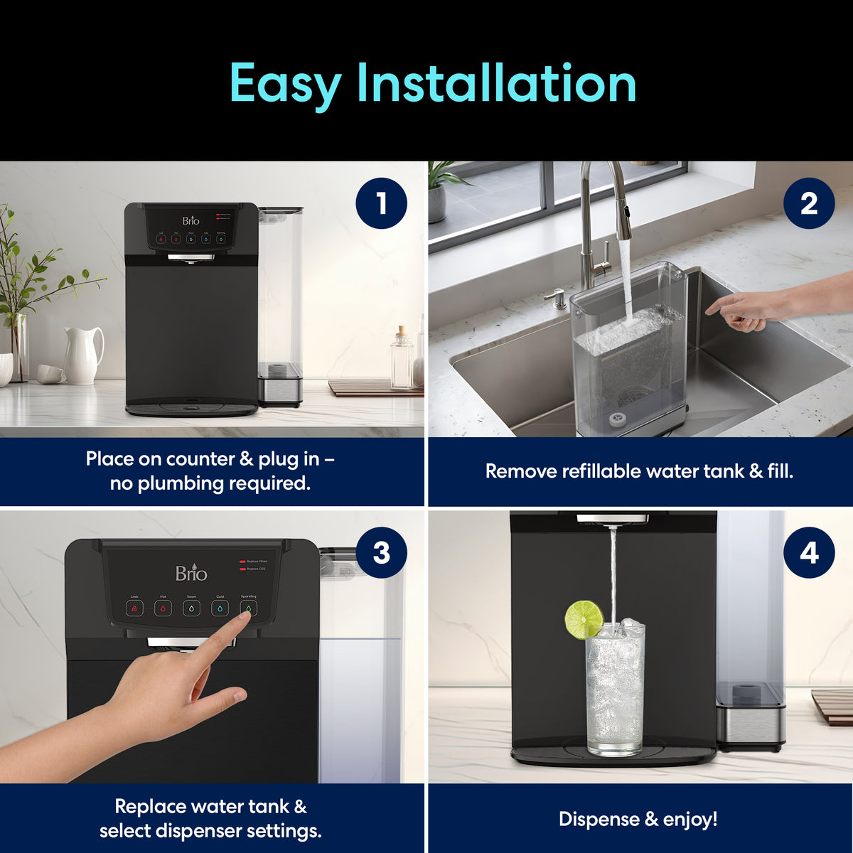 Four-step setup for your 2-Stage Sparkling Countertop Water Dispenser - 630 Series: 1) Place and plug in. 2) Fill the 5L refillable tank. 3) Reattach tank and choose settings. 4) Dispense water into a glass—enjoy!.