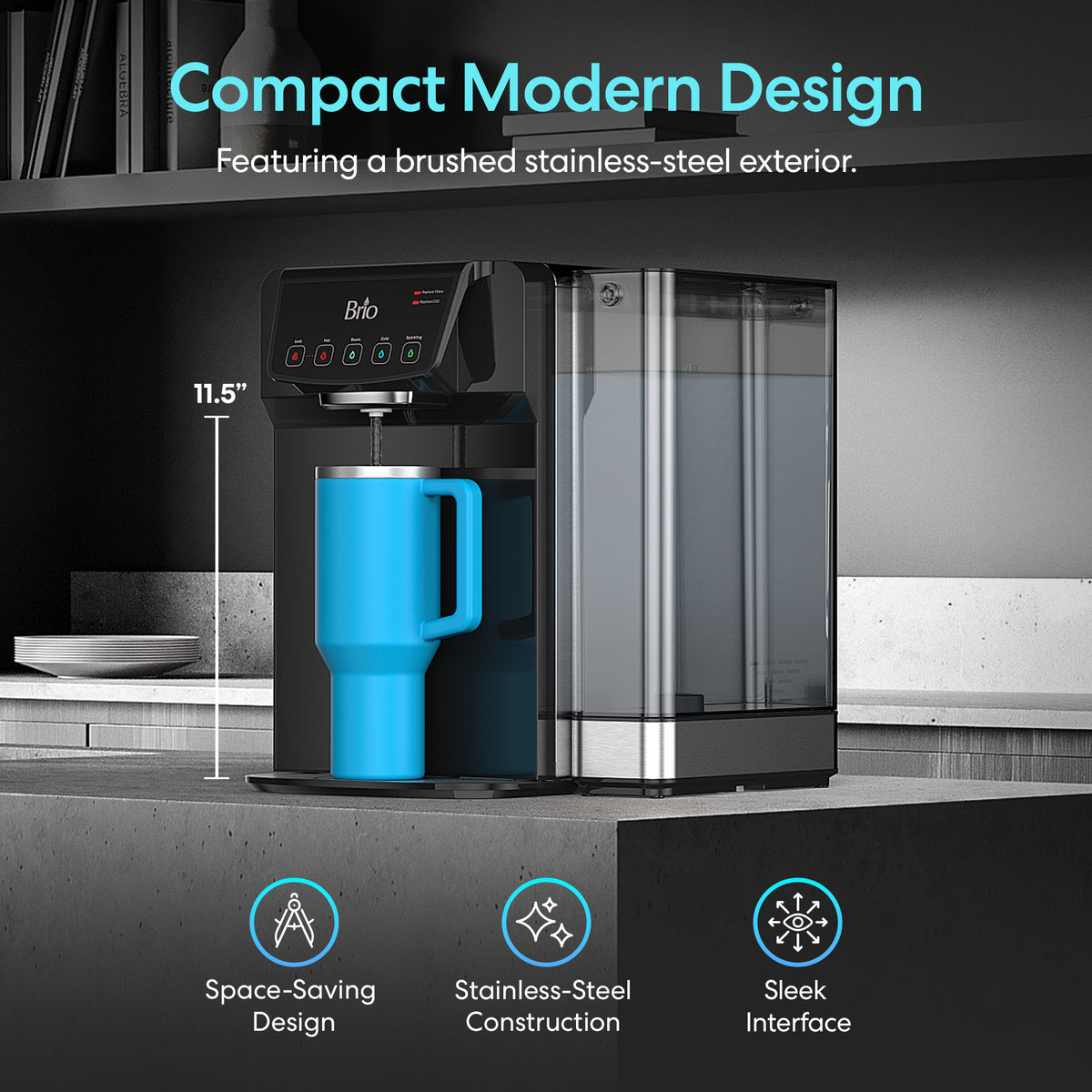 The 2-Stage Sparkling Countertop Water Dispenser - 630 Series features a modern stainless-steel design, digital display, refillable 5L tank, space-saving build, sleek interface, and is shown with a blue mug beneath the dispenser.