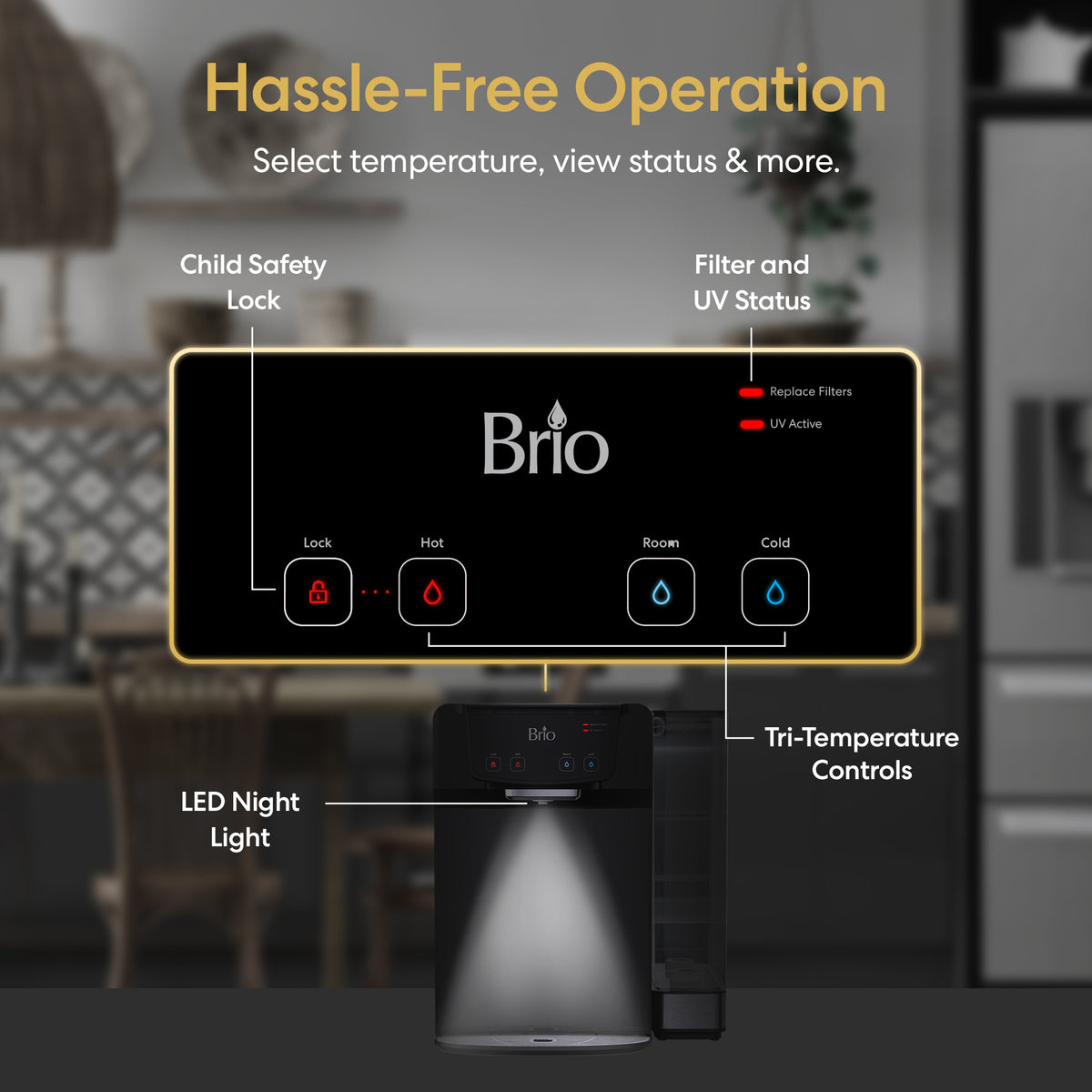 3-Stage Reverse Osmosis Countertop Water Dispenser - 630 Series control panel with labeled features including a child safety lock, filter and UV self-cleaning status indicators, LED night light, and tri-temperature controls, shown in a kitchen setting with a refillable 5L tank.