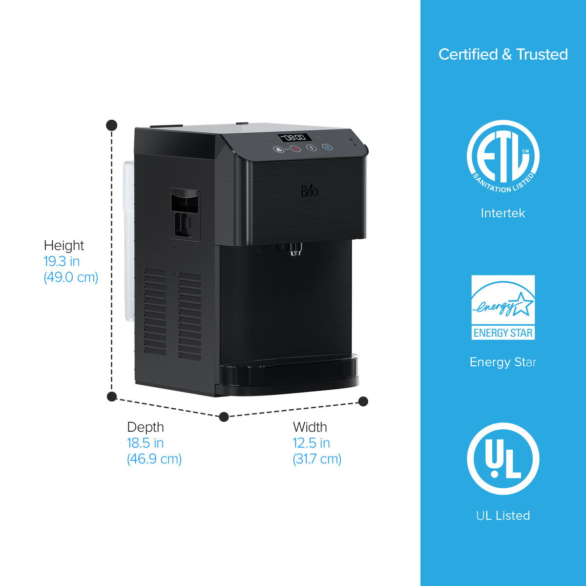 The Touchless 3-Stage Black Stainless Countertop Water Cooler - Moderna Series is expertly crafted from sleek black stainless steel and has labeled dimensions: height 19.3 in (49.0 cm), depth 18.5 in (46.9 cm), and width 12.5 in (31.7 cm). ETL, Energy Star, and UL certification logos are displayed on the right side, emphasizing its premium quality and rigorous safety standards.