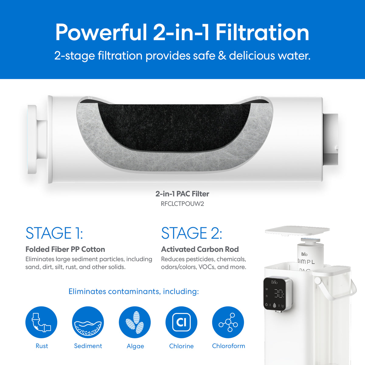 A cross-section diagram of the 2-Stage Countertop Water Dispenser - SIMPL Series shows Stage 1 with folded fiber PP cotton and Stage 2 with activated carbon, removing contaminants like rust, sediment, and chlorine using icons and text.