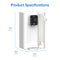 A white 2-Stage Countertop Water Dispenser - SIMPL Series is shown with digital display and labeled dimensions: height 14.4 in (36.6 cm), depth 9.45 in (24 cm), width 9.45 in (24 cm). "Product Specifications" appears at the top.