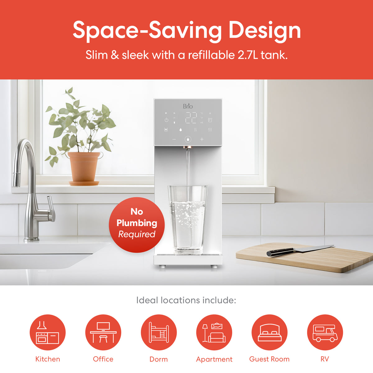 The SIMPL W3 Countertop 2-in-1 Mineralization Water Filter Dispenser, in slim white with digital display, features a 2.7L refillable tank and filtered water. No plumbing needed—ideal for kitchen, office, dorm, or apartment.