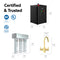 Diagram displaying certifications and dimensions of the 3-Stage Instant Hot Water Under Sink Dispenser System - Brushed Gold, featuring a black box unit, a three-filter section, and a gold dual flow faucet—perfect for pairing with an under sink hot water system or instant hot water dispenser—with NSF, UL, and ETL certification labels positioned on the left side.