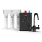 Experience instant hot water in your modern kitchen with the 3-Stage Instant Hot Water Under Sink Dispenser System - Matte Black. This system features a sleek black main unit with clearly labeled three-stage filter cartridges, convenient temperature settings, and visible power switches. It includes a matching dual flow faucet and offers easy-to-use controls, making it an ideal solution for both filtered and instant hot water needs.