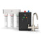 The 3-Stage Instant Hot Water Under Sink Dispenser System - Brushed Nickel includes three water filter cartridges—Sediment, Carbon Block, and Post Carbon—paired with a control box featuring temperature buttons and indicator lights, as well as a stainless steel dual flow faucet that dispenses both filtered water and instant hot water on demand.