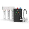 The 3-Stage Instant Hot Water Under Sink Dispenser System - Chrome Plated features a clearly organized three-stage water filtration system with sediment, carbon block, and post carbon filters. It includes a modern black control unit with intuitive buttons and a stylish dual flow faucet in chrome that offers instant hot water dispensing.