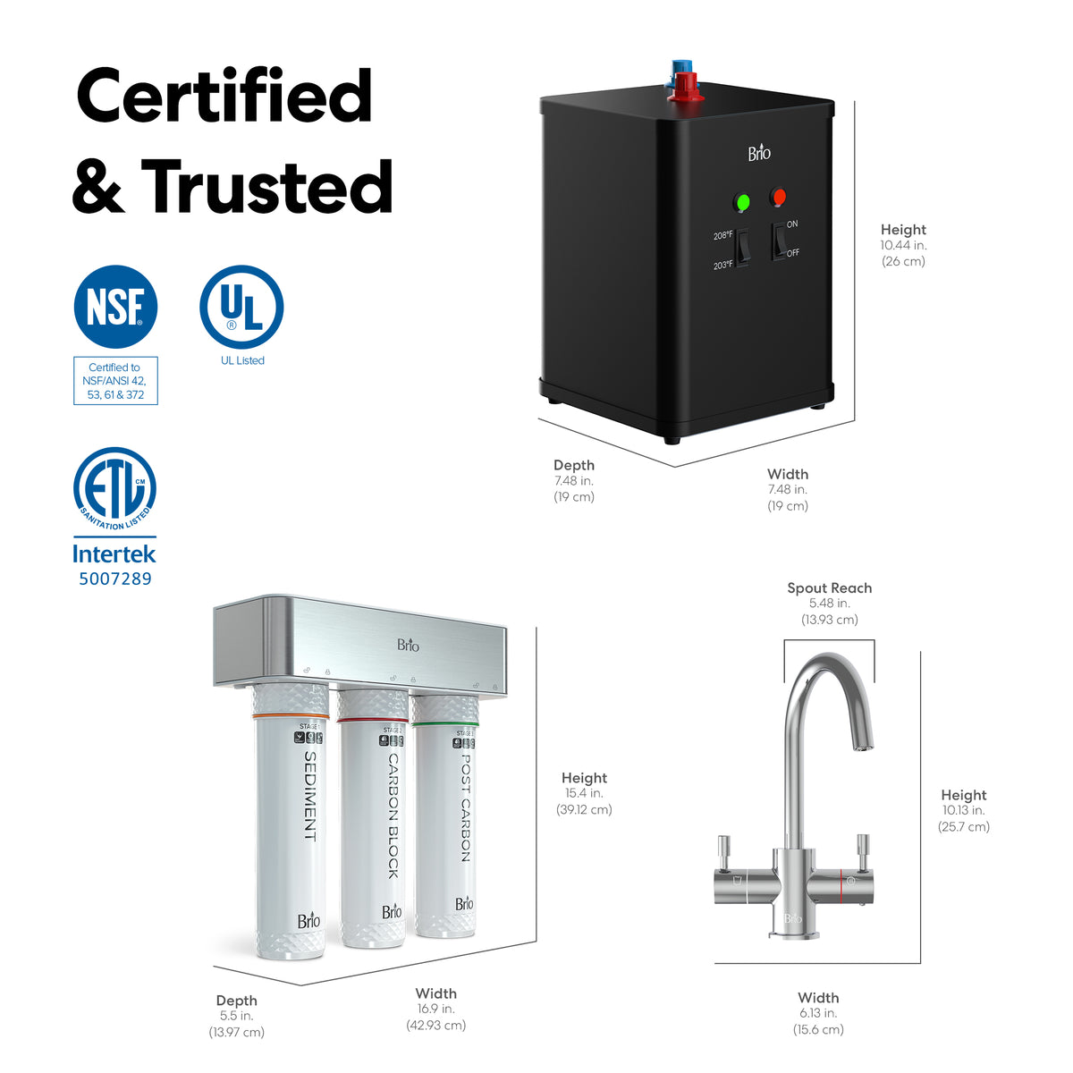 Diagram displaying the 3-Stage Instant Hot Water Under Sink Dispenser System – Chrome Plated, with detailed dimensions for each component, including the filter unit, dual flow faucet, and tank. Certifications from NSF, UL, and ETL are clearly shown alongside labels reading Certified & Trusted. The illustration emphasizes the seamless integration of this under sink hot water system for enhanced convenience.