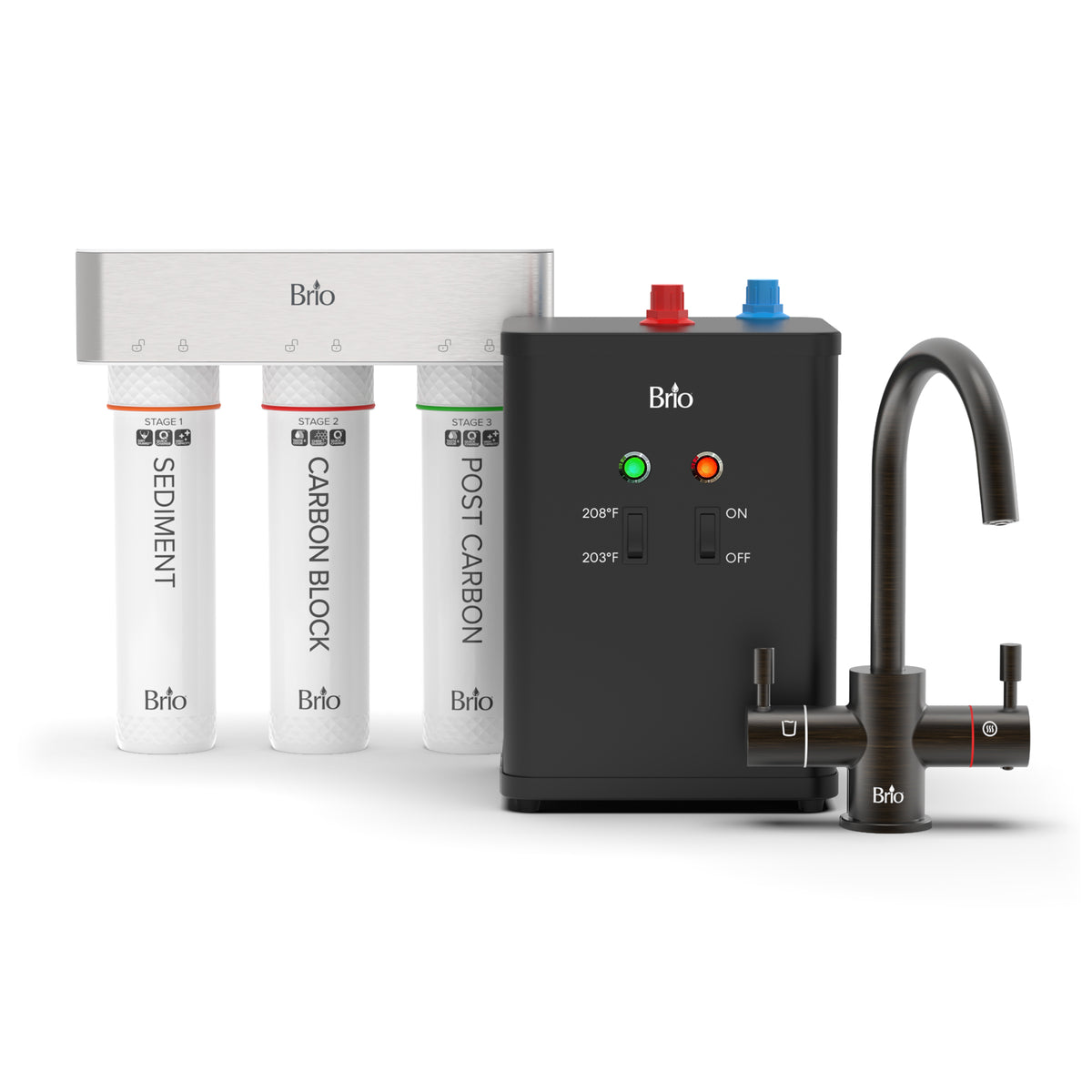3-Stage Instant Hot Water Under Sink Dispenser System in Oil-Rubbed Bronze, featuring three labeled filter cartridges, a black hot/cold under sink water dispenser unit with control buttons, a dual flow faucet, and a matching instant hot water dispenser.