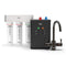 3-Stage Instant Hot Water Under Sink Dispenser System in Oil-Rubbed Bronze, featuring three labeled filter cartridges, a black hot/cold under sink water dispenser unit with control buttons, a dual flow faucet, and a matching instant hot water dispenser.