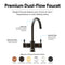 Introducing the 3-Stage Instant Hot Water Under Sink Dispenser System in Oil-Rubbed Bronze: This stylish dual-handle kitchen faucet features a durable brass construction and delivers endless filtered water with an instant hot water dispenser for added convenience. Available in six premium finishes, its advanced design combines both functionality and elegance. Text and icons surrounding the dual-flow faucet highlight key features, making it easy to appreciate this innovative under-sink water dispenser