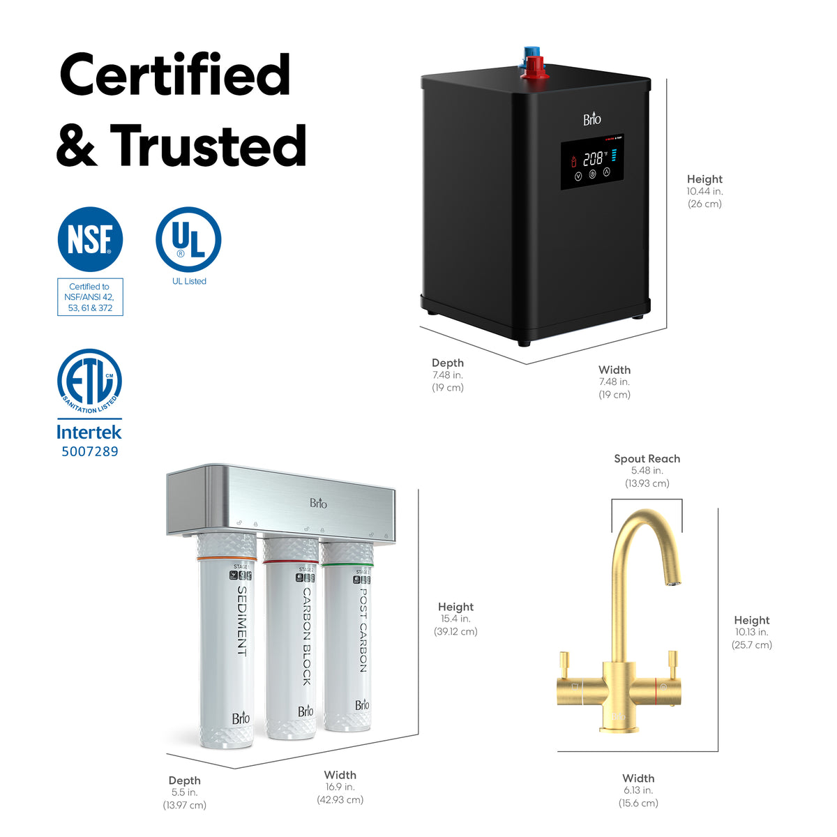Diagram showing the 3-Stage Digital Instant Hot Water Under Sink Dispenser System - Brushed Gold, with component dimensions and certifications (NSF, UL, ETL). Components include a black digital control unit, three filter cylinders, and a brushed gold dual flow faucet for instant hot water dispensing—all with labeled height, width, and depth measurements.