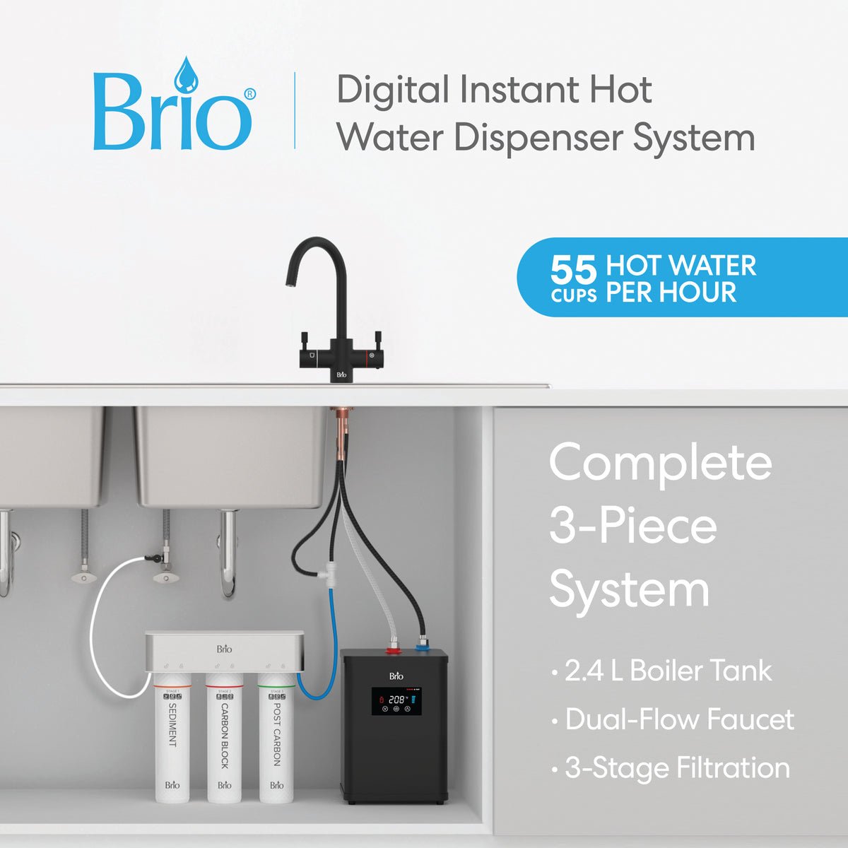 The 3-Stage Digital Instant Hot Water Under Sink Dispenser System - Matte Black is an advanced undersink solution featuring a modern matte black dual flow faucet and an intuitive digital display. This instant hot water dispenser delivers up to 55 piping hot cups per hour with its 2.4L tank, while the 3-stage filtration ensures purified water every time. Experience ultimate convenience and efficiency in a complete, three-piece system designed for rapid, on-demand hot water directly from your sink.