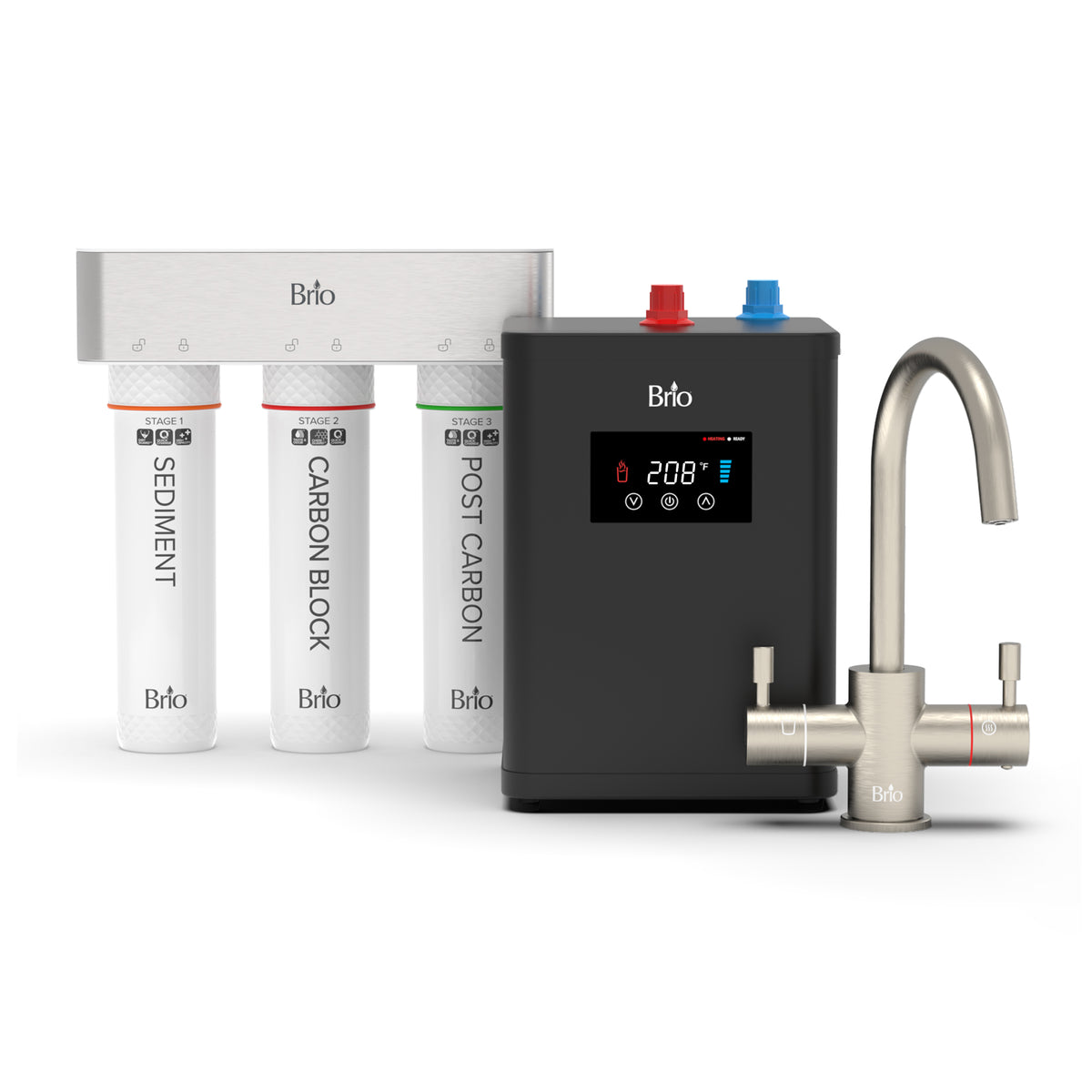 The 3-Stage Digital Instant Hot Water Under Sink Dispenser System - Brushed Nickel features three clearly labeled filter cartridges (sediment, carbon block, post carbon), a digital control unit, and a sleek stainless steel dual flow faucet—providing advanced convenience and pure, on-demand hydration to complement any under sink hot water dispenser.