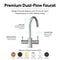 A sleek, dual-handle faucet compatible with the 3-Stage Digital Instant Hot Water Under Sink Dispenser System – Chrome Plated is shown, featuring labels for its durable brass construction, filtered water function, and instant hot water dispensing capabilities. Available in six finishes: rose gold, bronze, brushed gold, chrome, brushed nickel, and matte black.