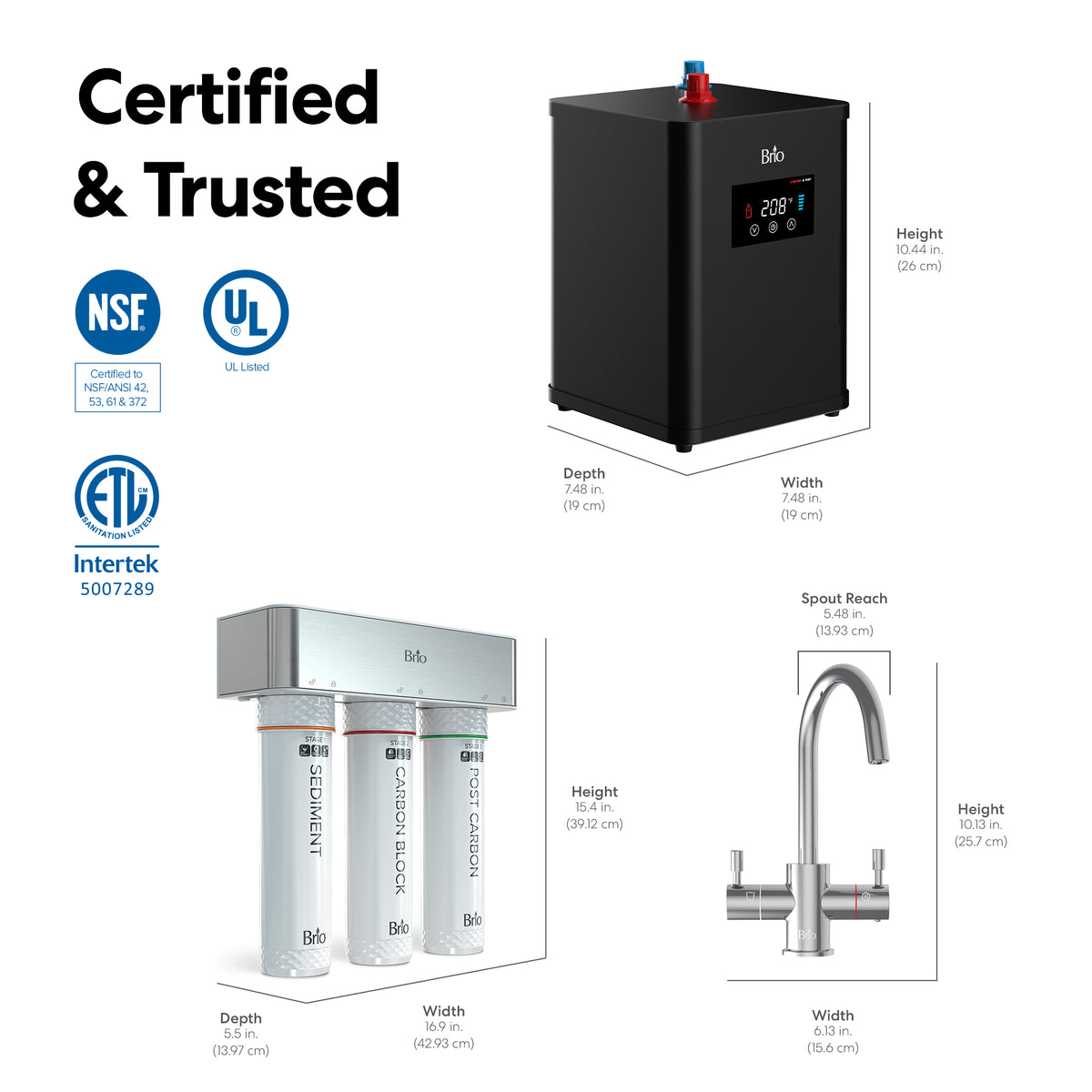 Diagram illustrating the 3-Stage Digital Instant Hot Water Under Sink Dispenser System - Chrome Plated, with each component’s dimensions clearly labeled. Certification logos (NSF, UL, ETL) and the phrase Certified & Trusted appear on the left. The installation features an under sink hot water system combined with a dual flow faucet for convenient access to both filtered cold and instant hot water.