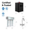 Diagram illustrating the 3-Stage Digital Instant Hot Water Under Sink Dispenser System - Chrome Plated, with each component’s dimensions clearly labeled. Certification logos (NSF, UL, ETL) and the phrase Certified & Trusted appear on the left. The installation features an under sink hot water system combined with a dual flow faucet for convenient access to both filtered cold and instant hot water.