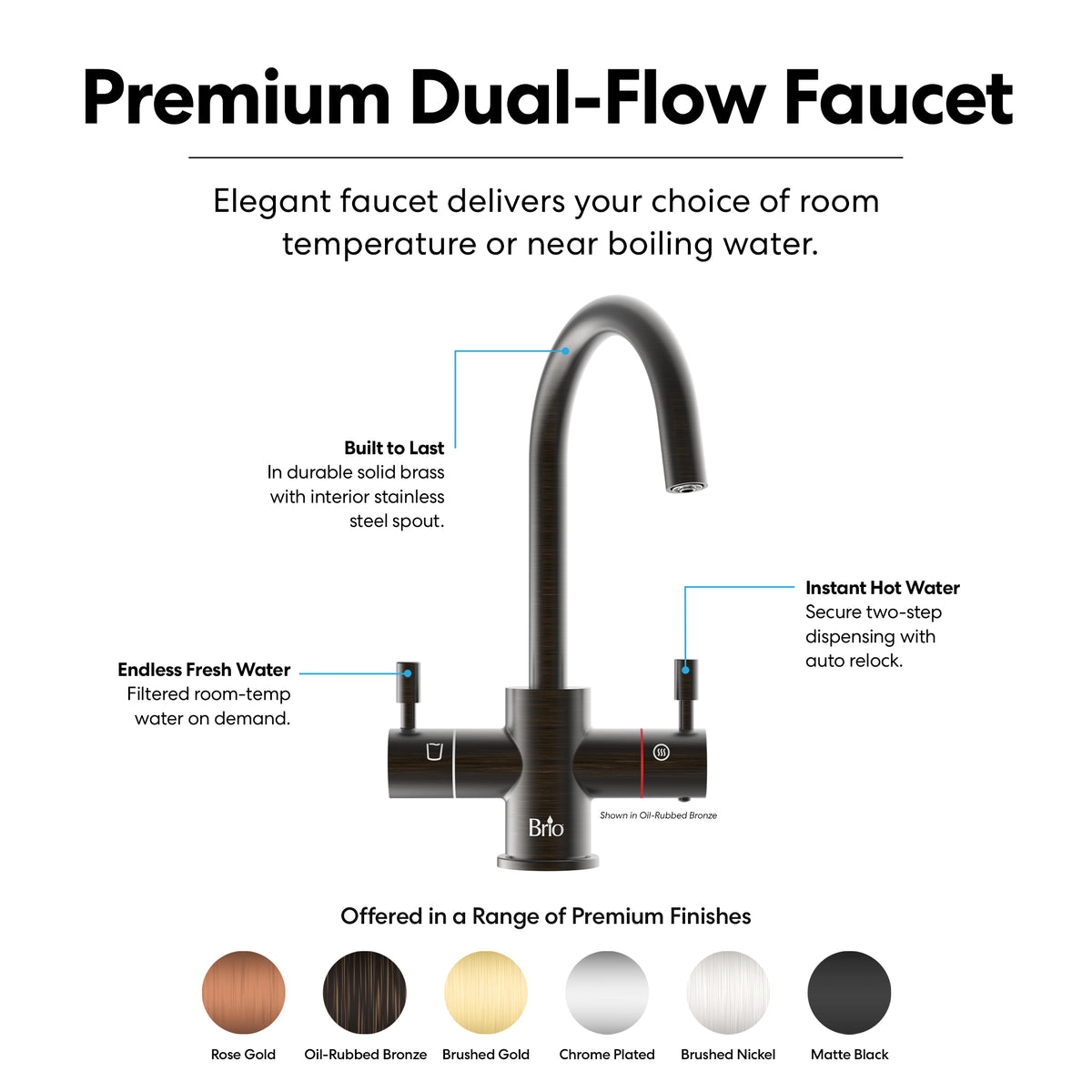 Diagram of the 3-Stage Digital Instant Hot Water Under Sink Dispenser System in oil-rubbed bronze, with labels highlighting endless fresh water, an instant hot water dispenser, and a durable brass build. The bottom displays finish options: Rose Gold, Oil-Rubbed Bronze, Brushed Gold, Chrome, Brushed Nickel, and Matte Black. Perfect for pairing with an under sink hot water system or as a digital hot water faucet solution.