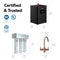 Diagram displaying the components and dimensions of the 3-Stage Digital Instant Hot Water Under Sink Dispenser System - Rose Gold. Features include a sleek black three-filter system, a copper dual flow faucet, and certification logos (NSF, UL, ETL) with “Certified & Trusted” highlighted on the left side. Ideal for use as an under sink hot water solution or when paired with an instant hot water dispenser for enhanced convenience.