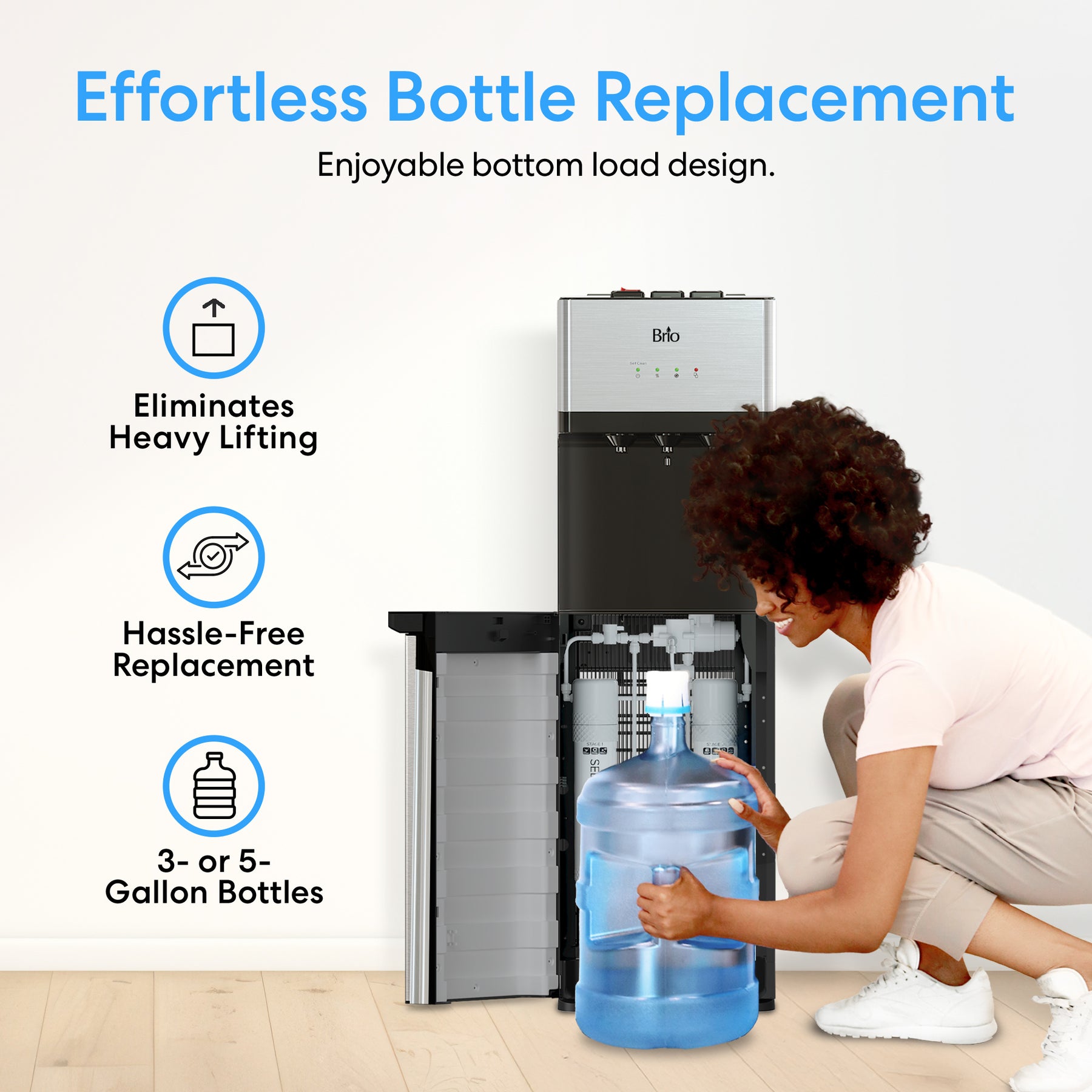 A woman kneels to load a large bottle into the Brio 500 Series No-Line Bottom Load Water Cooler. Text highlights “Effortless Bottle Replacement” with icons for easy loading, no heavy lifting, and 3- or 5-gallon compatibility.