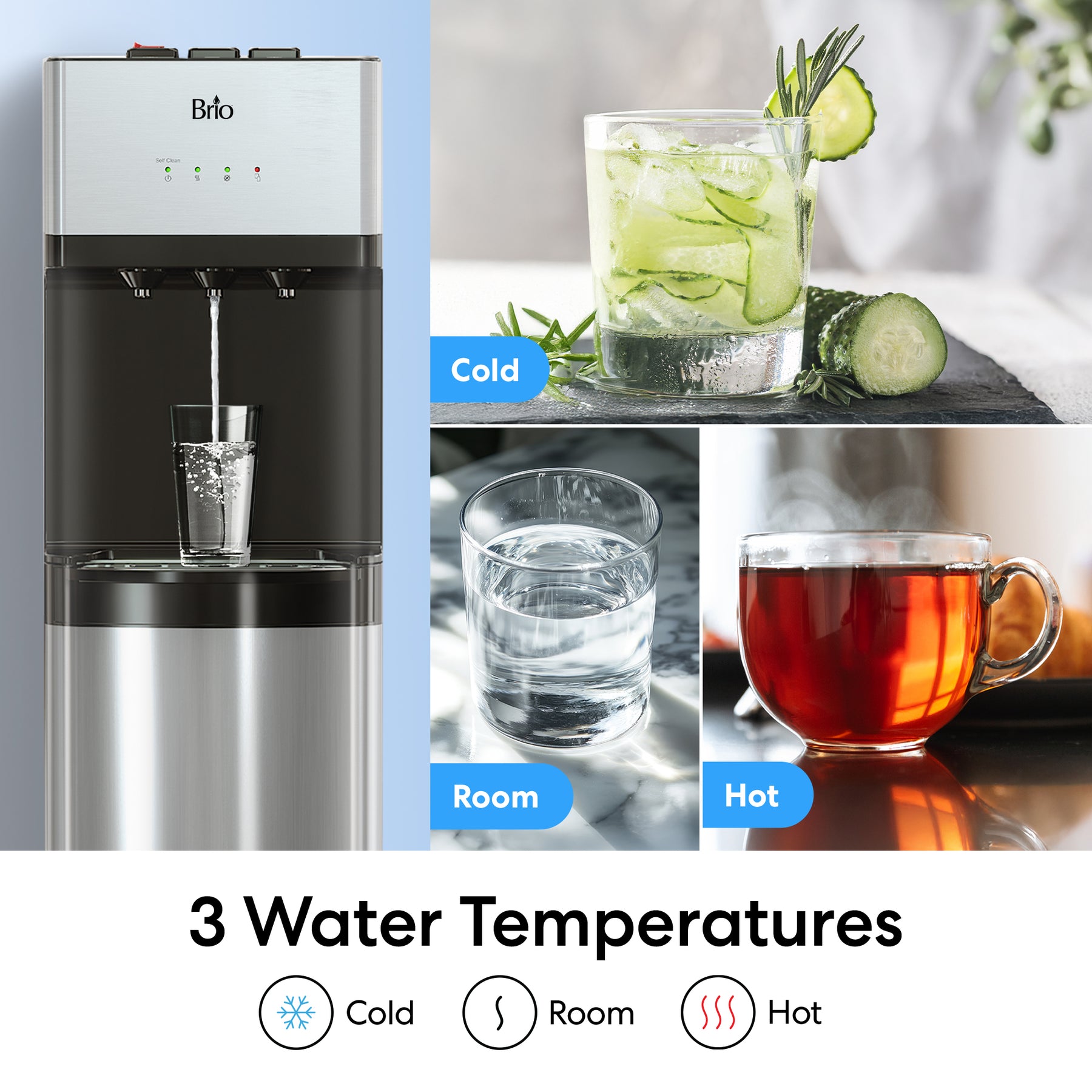 The Brio 500 Series No-Line Bottom Load Water Cooler fills a glass, with images showing cold (ice & cucumber), room temperature, and hot (tea) water. Labels: Cold, Room, Hot, plus “3 Water Temperatures.”.