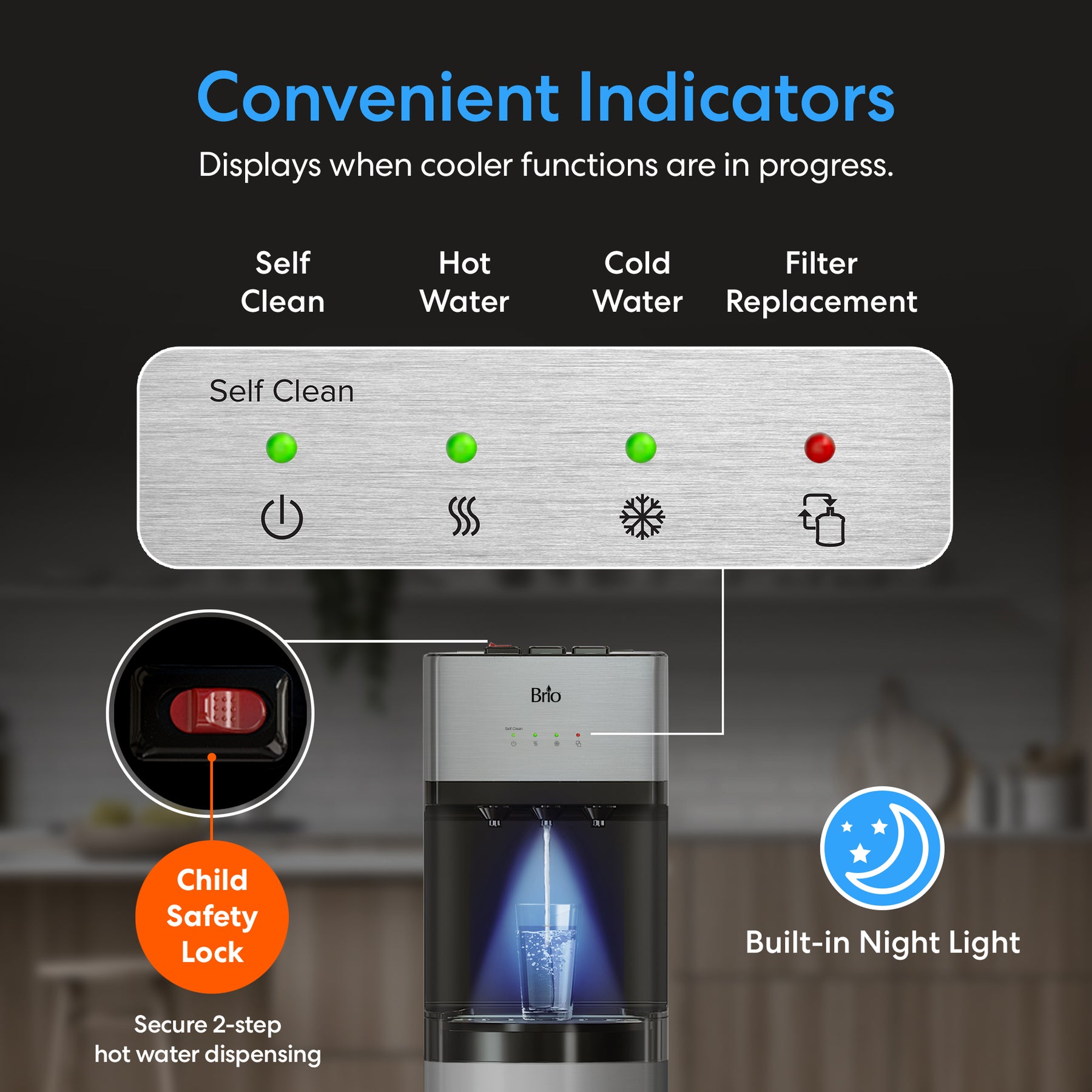 A graphic showing the Brio 500 Series No-Line Bottom Load Water Cooler’s control panel, with indicator lights for self clean, hot/cold water, filter replacement, plus inset icons for the child safety lock and built-in night light.