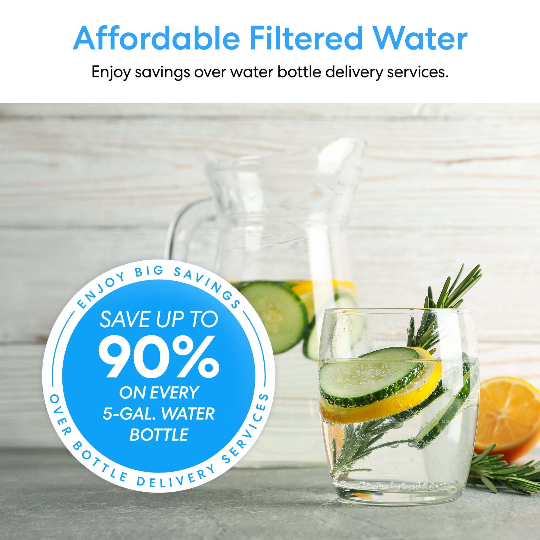 A glass and pitcher of cucumber, lemon, and rosemary water sit on a light surface. A blue label promotes “Save up to 90% on every 5-gal. water bottle”—perfect for the Brio 500 Series No-Line Bottom Load Water Cooler.