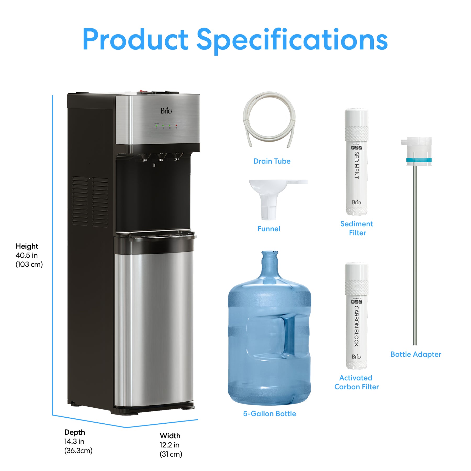 A diagram of the Brio 500 Series No-Line Bottom Load Water Cooler with labeled parts and dimensions: 40.5" H x 12.2" W x 14.3" D, showing drain tube, funnel, sediment filter, carbon filter, bottle adapter & 5-gallon bottle.