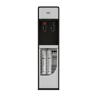 A Brio 300 Slim Series bottleless water cooler with a black and silver color scheme, featuring hot and cold temperature controls and a child safety lock. The front is cut out to see the 2 stage filtration system.