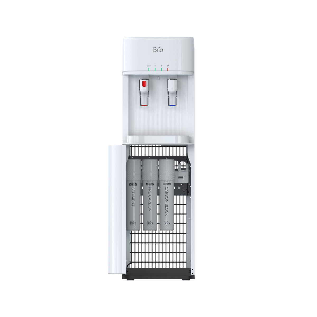 The 3-Stage White Bottleless Water Cooler – 300 Series features two taps (red and blue) and an open lower compartment displaying its advanced 3-stage filtration system and internal components.
