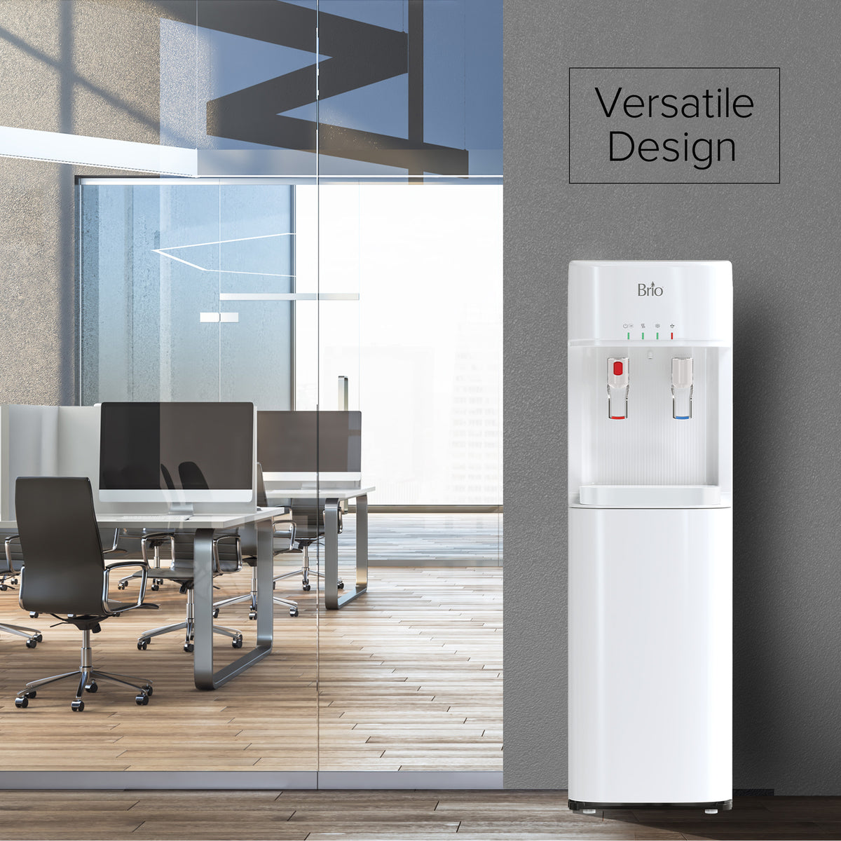 A 3-Stage White Bottleless Water Cooler - 300 Series stands near a glass-walled office with desks and chairs, with "Versatile Design" displayed above the dispenser.