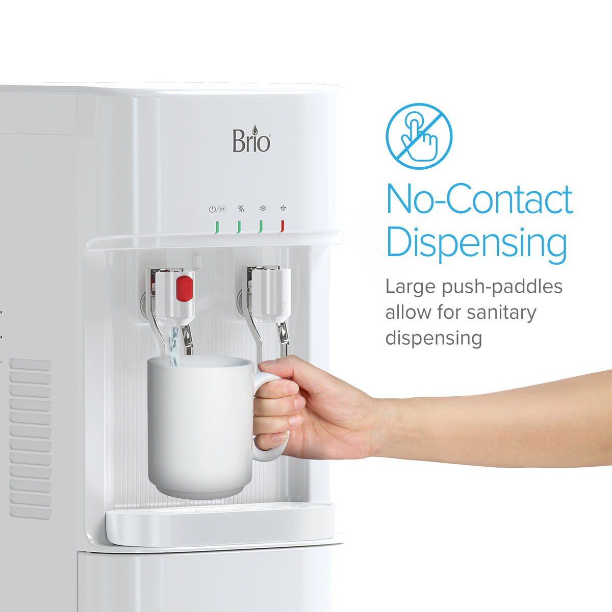 A hand holds a white mug under the 3-Stage White Bottleless Water Cooler - 300 Series, pressing a large push-paddle. Text: No-Contact Dispensing—Large push-paddles and 3-stage filtration deliver sanitary, fresh water every time.