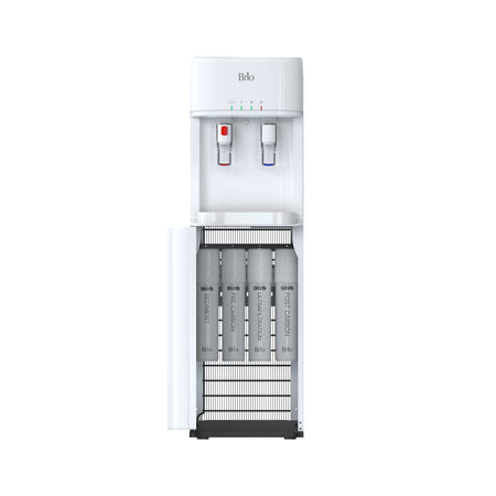The Brio 300 Series 4-Stage UF White Bottleless Water Cooler features separate hot and cold taps plus a lower compartment with three vertical filters, delivering advanced 4-stage filtration for cleaner, fresher water.