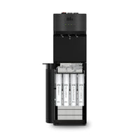 A black Brio 500 Series 4-Stage UF Bottleless Water Cooler with the front open to show a 4 stage filter systems.