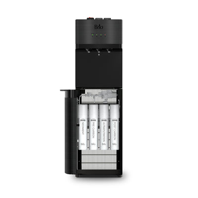 A black Brio 500 Series 4-Stage UF Bottleless Water Cooler with the front open to show a 4 stage filter systems.