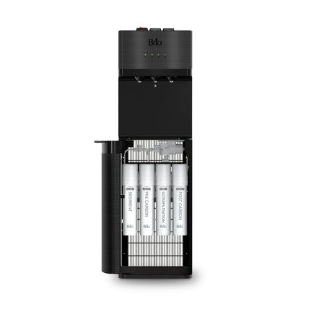 A black Brio 500 Series 4-Stage UF Bottleless Water Cooler with the front open to show a 4 stage filter systems.