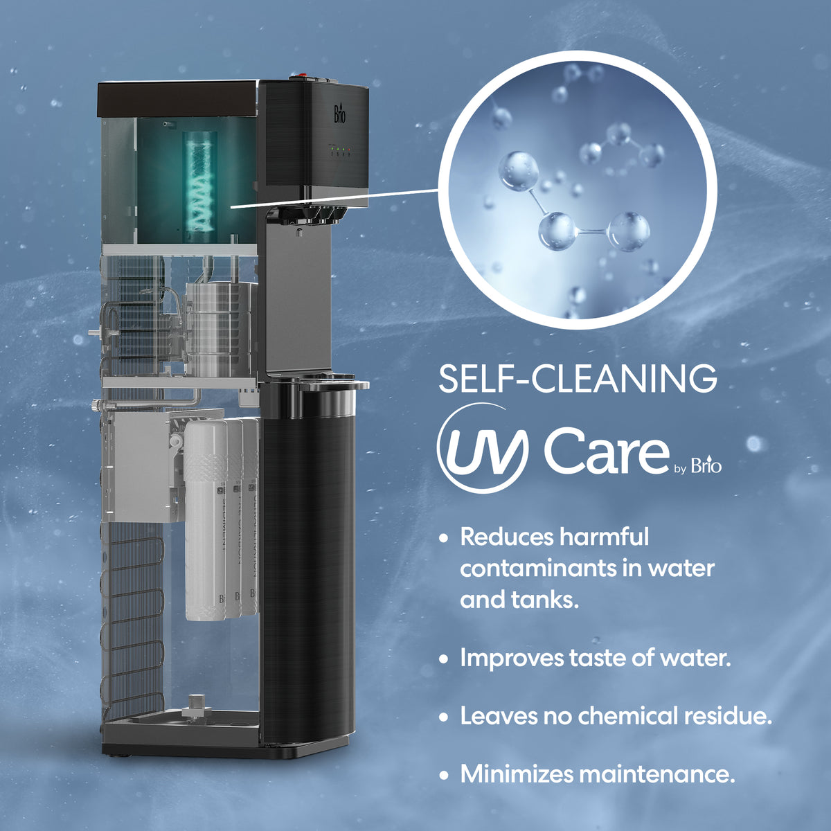 The Black Stainless Ultrafiltration Bottleless Water Dispenser - 520 features a labeled cutaway view showcasing its advanced ultrafiltration and self-cleaning technology. An inset close-up highlights purified water molecules. Key benefits are listed: reduces contaminants, enhances taste, leaves no residue, and minimizes maintenance needs. Its sleek black stainless steel design ensures lasting durability and a modern look for any environment.