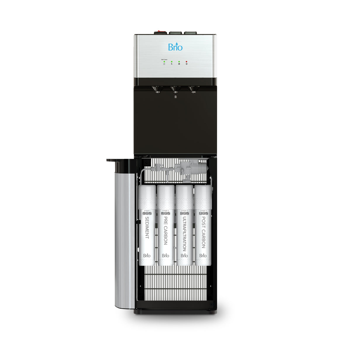 The Stainless Steel Ultrafiltration Bottleless Water Dispenser - Model 520 is shown with its front panel open, displaying four clearly labeled water filtration cartridges and a side-mounted waste container. Its top section includes two spouts, a digital display, and offers convenient self-cleaning functionality for effortless maintenance.