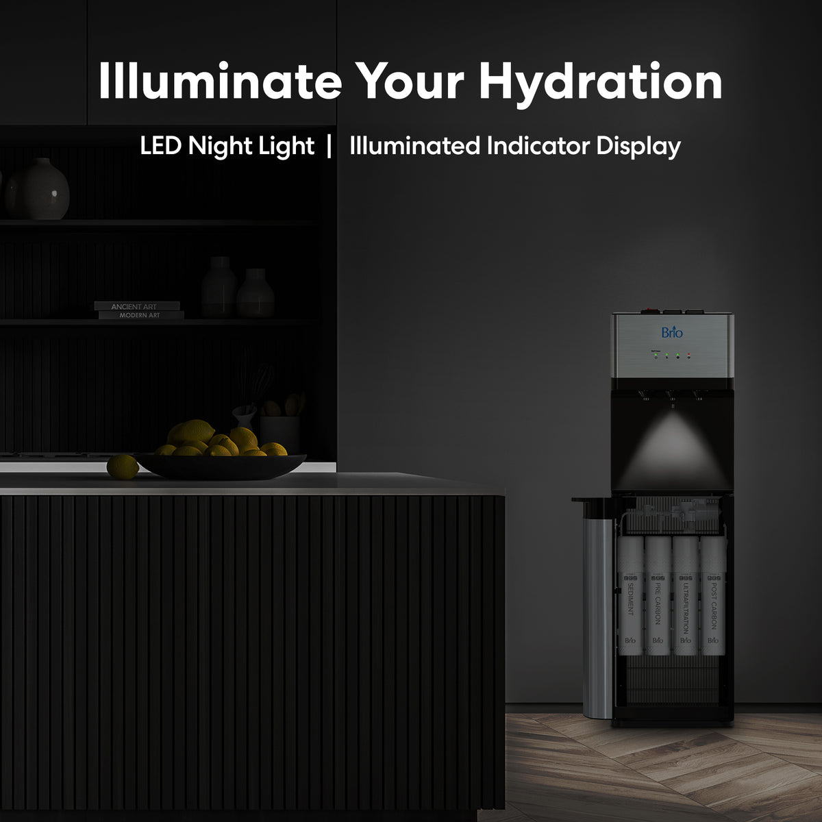 A Stainless Steel Ultrafiltration Bottleless Water Dispenser - Model 520 with an open filter compartment stands in a dark kitchen. White text above reads, “Illuminate Your Hydration,” highlighting features like advanced ultrafiltration, an LED night light, and an illuminated indicator display.