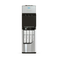 The Brio 500 Series 4-Stage Reverse Osmosis Stainless Bottleless Water Cooler features dual dispenser taps and advanced filtration in the lower compartment, shown against a white background.