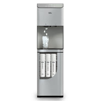 A stainless steel Brio Moderna 3-Stage Ice Dispenser & Bottleless Water Cooler with the front cut open to see the 3 stage filtration and a glass with ice being dispensed.