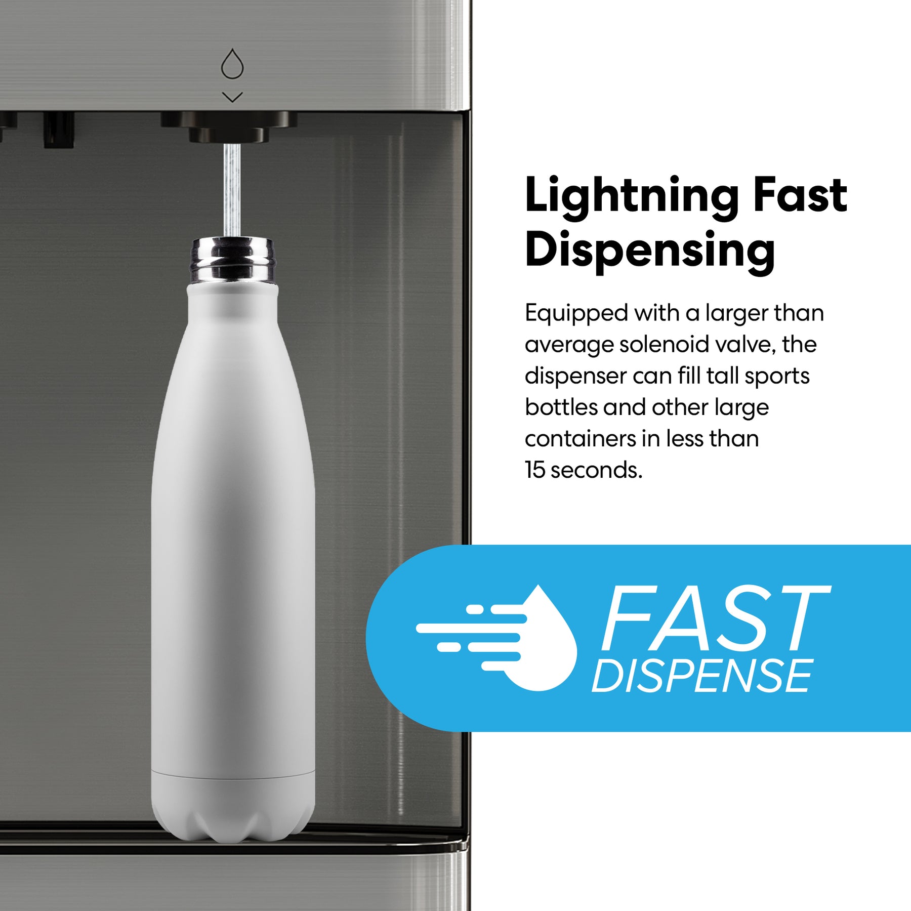 A stainless steel bottle is being filled with water from the Brio Moderna 3-Stage Ice Dispenser & Bottleless Water Cooler, featuring Lightning Fast Dispensing and a blue graphic that says Fast Dispense.