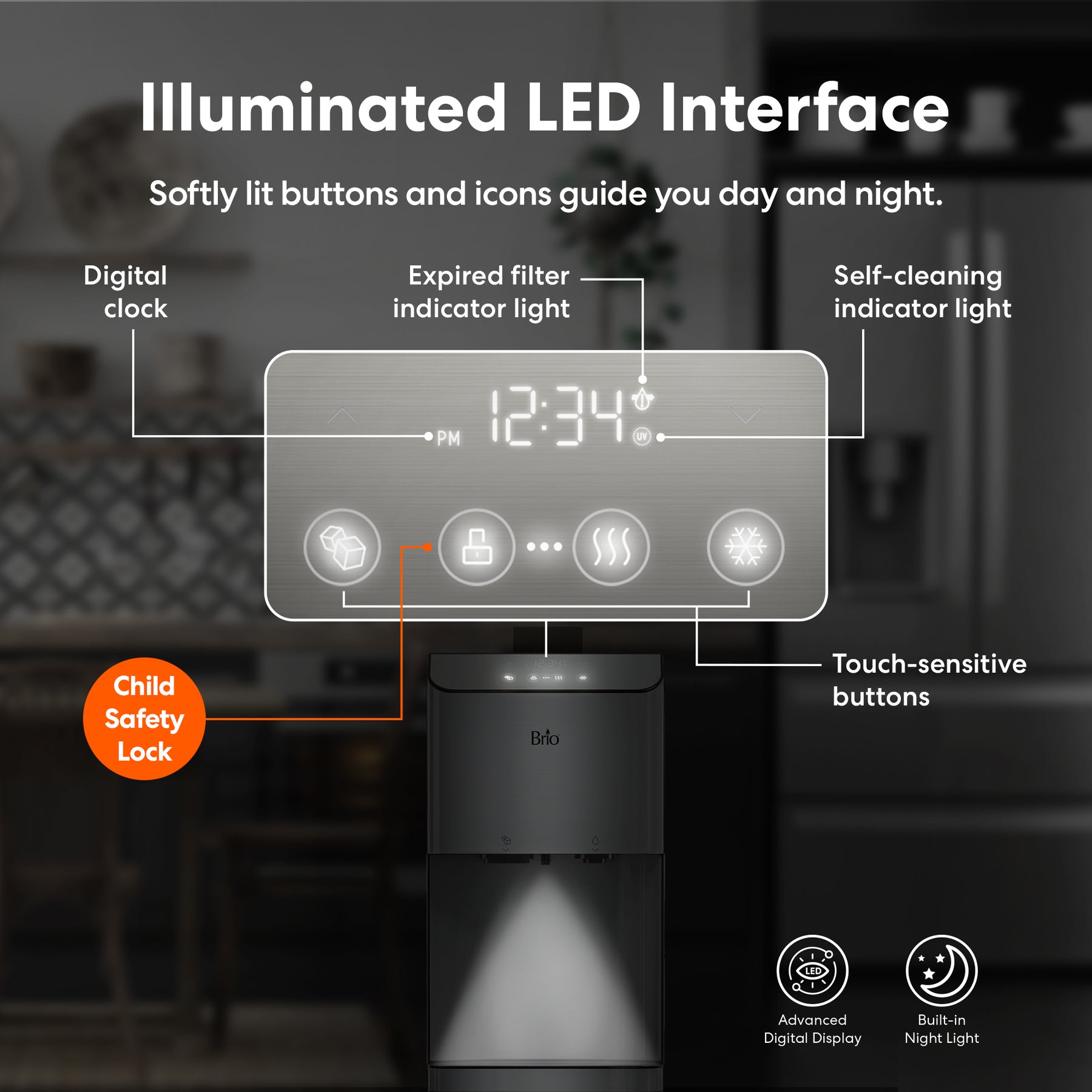 Close-up of Brio Moderna 3-Stage Ice Dispenser & Bottleless Water Cooler’s LED interface with touch controls, digital clock, filtration indicators, self-cleaning mode, fast dispense feature, and illuminated child safety lock.